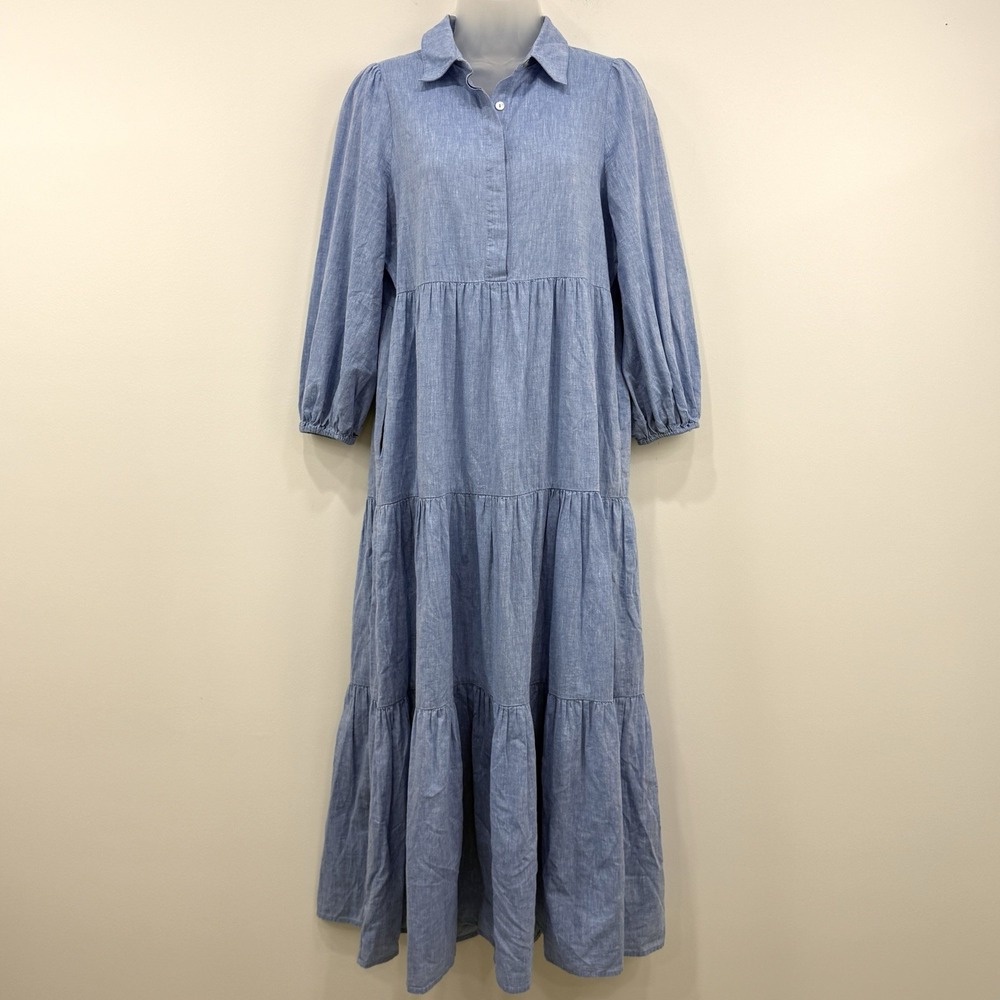 Pomander Place Chambray Mabel Maxi Dress XS Lagenlook Coastal Preppy Tiered